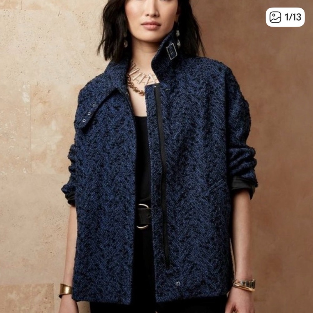 EUC, Banana Republic Balmacaan Oversized Navy Boucle Herringbone Bomber, SZ XS